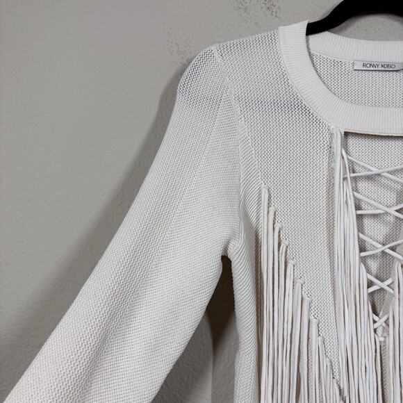 Ronny Kobo Open Stitch Fringe Sweater Cream Lace Up Crew Neck Long Sleeves - Picture 5 of 9